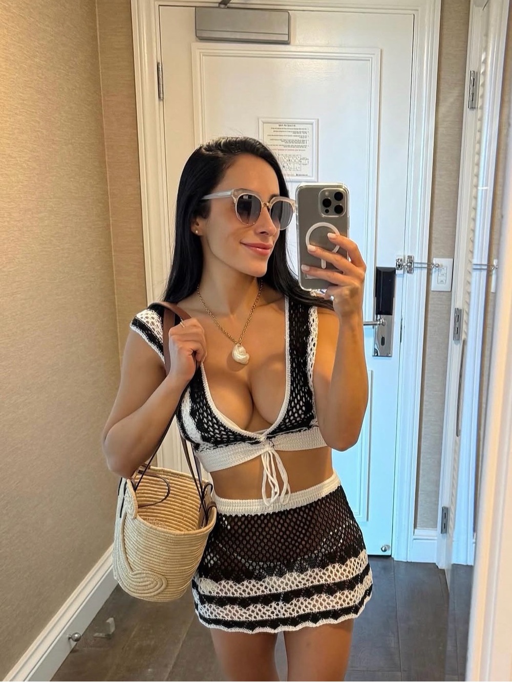 Black & White Crochet Two-Piece Set - Crop Top + Skirt